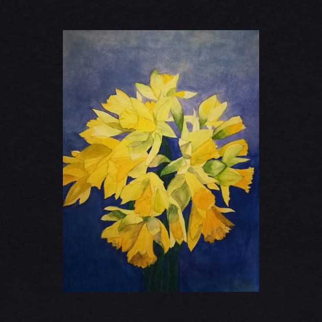 Daffodils watercolour painting with a deep purple blue background. by esvb